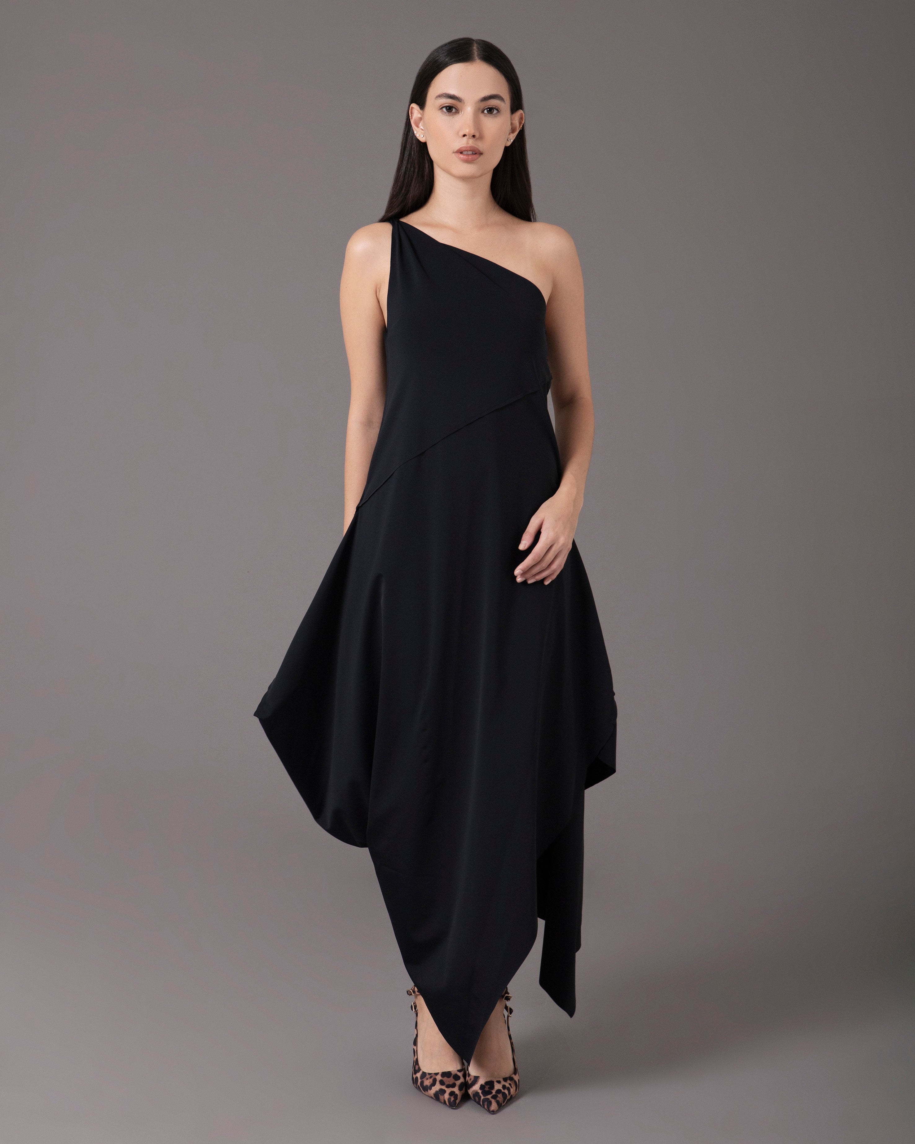 One shoulder asymmetric midi dress | Negro