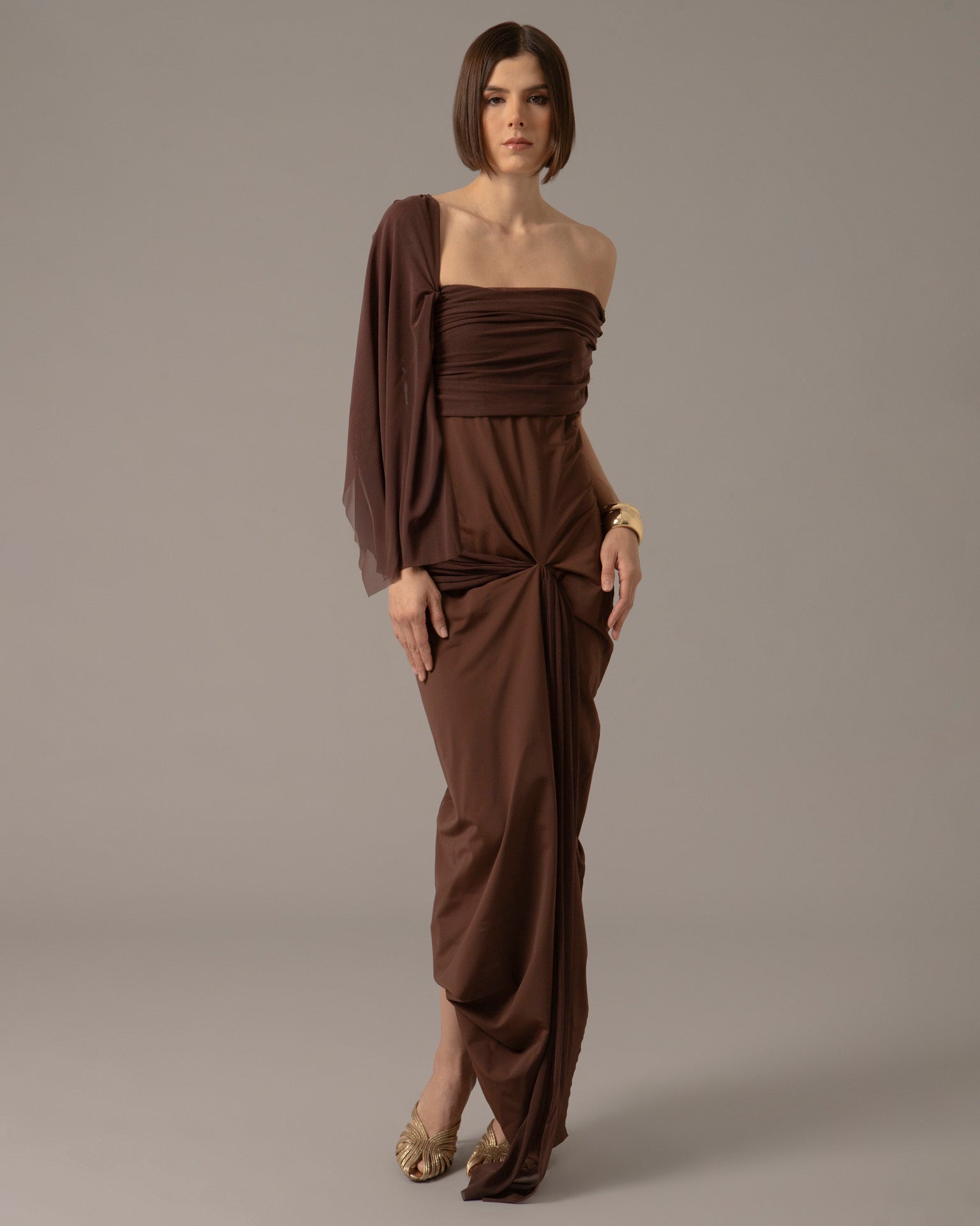 One shoulder drape Paloma Dress | Cafe | Mala Effortless Wear One shoulder drape Paloma Dress | Cafe | Mala Effortless Wear