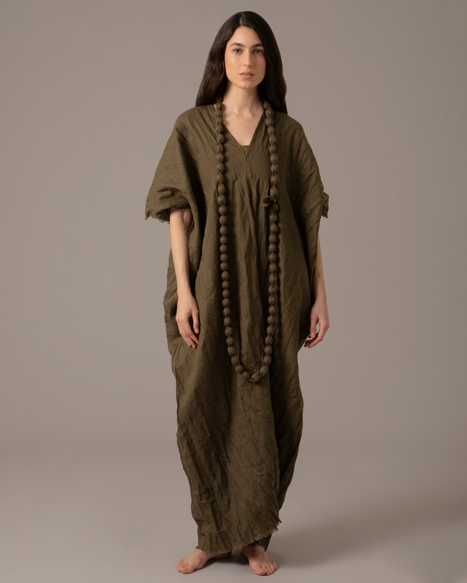 Textured Linen Effortless Maxi Dress With Necklace - Dark Green Mala Effortless Wear Textured Linen Effortless Maxi Dress With Necklace - Dark Green Mala Effortless Wear