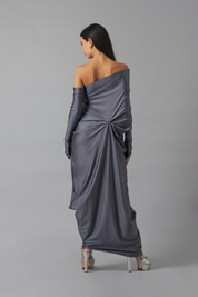 One Shoulder Relaxed Maxi Dress with Gloves | Plata metalico |