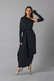 One Shoulder Relaxed Maxi Dress with Gloves | Negro |