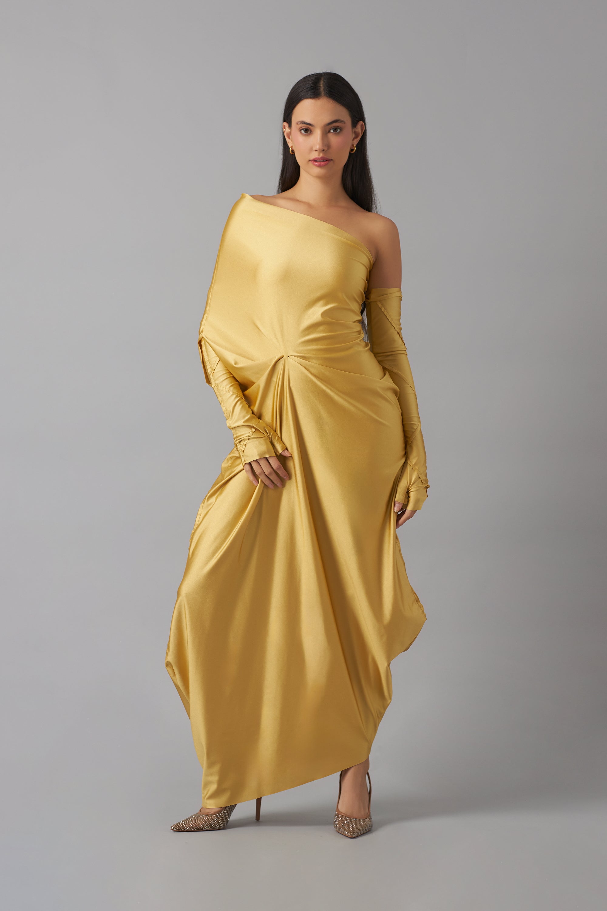 One Shoulder Relaxed Maxi Dress with Gloves | Dorado |