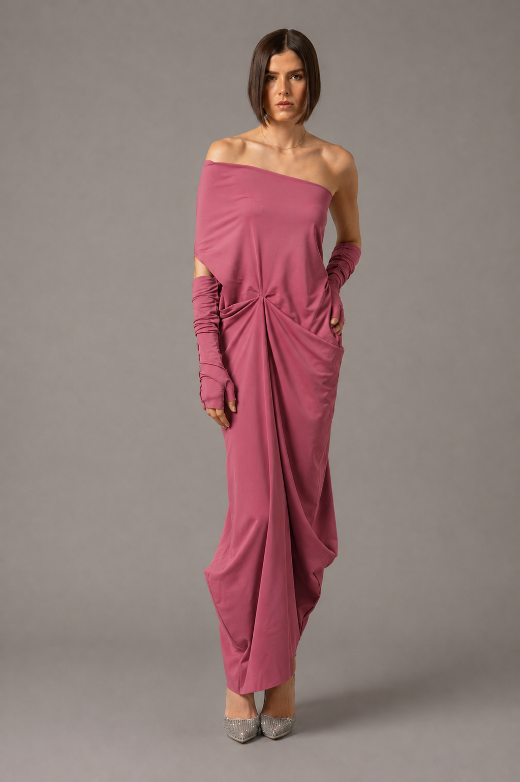 One Shoulder Relaxed Maxi Dress with Gloves | Rosa Fresa |