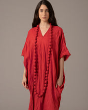 Textured Linen Effortless Maxi Dress With Necklace - Bright Red