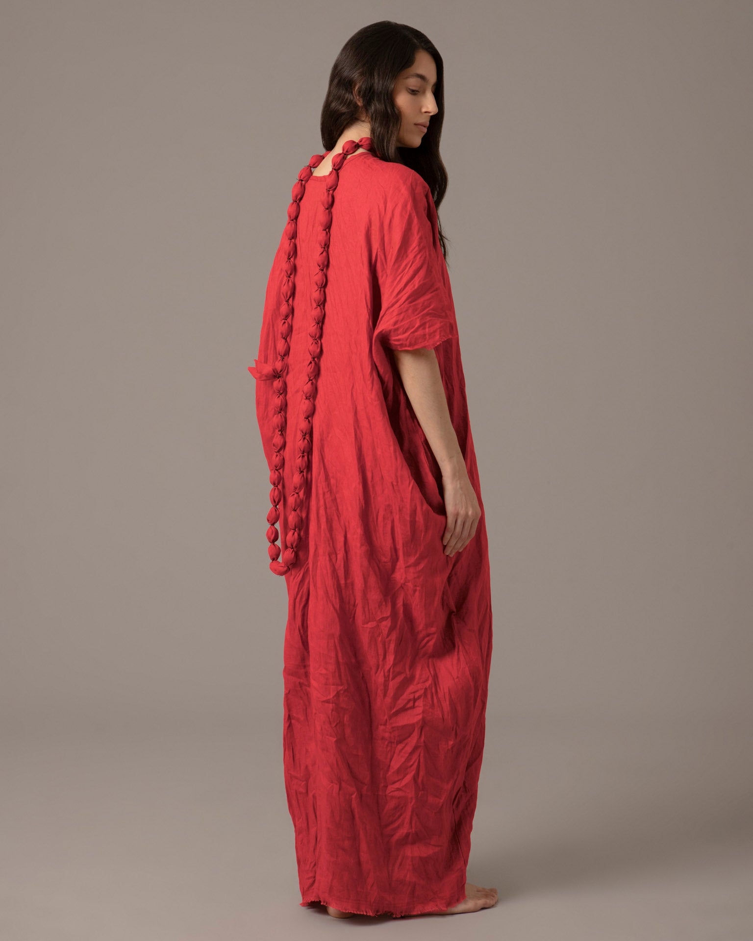 Textured Linen Effortless Maxi Dress With Necklace - Bright Red