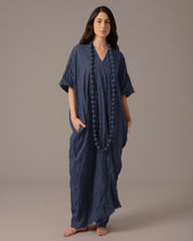 Textured Linen Effortless Maxi Dress With Necklace - Navy Blue