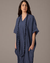 Textured Linen Effortless Maxi Dress With Necklace - Navy Blue