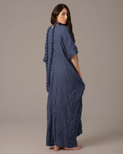 Textured Linen Effortless Maxi Dress With Necklace - Navy Blue