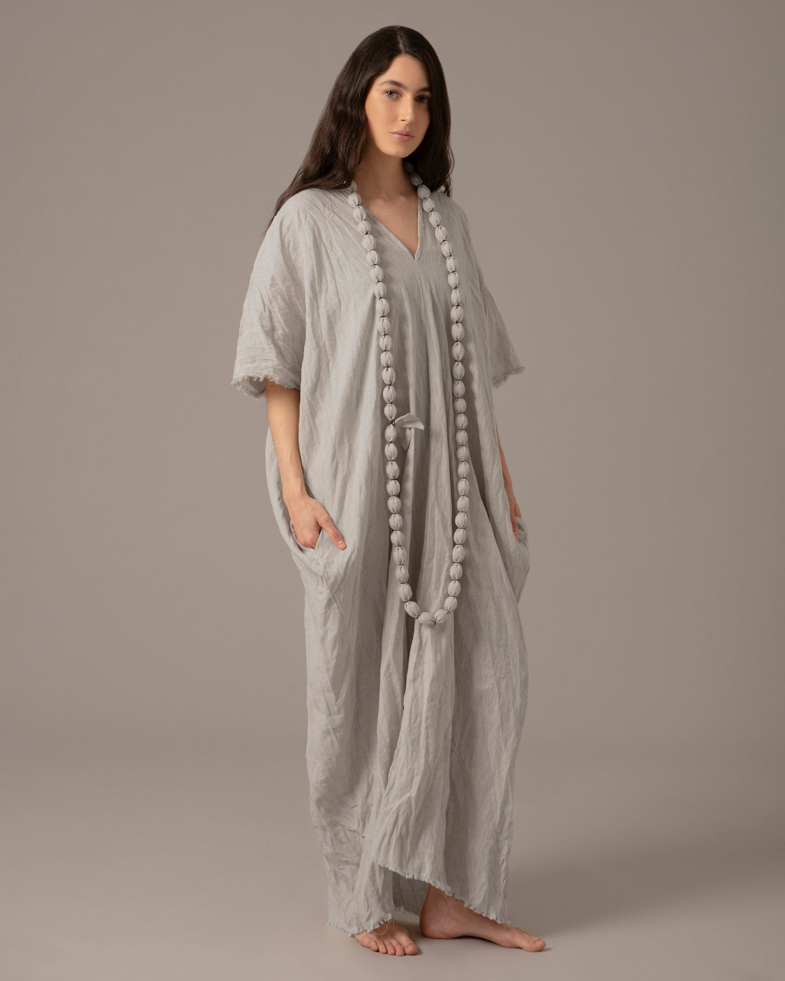 Textured Linen Effortless Maxi Dress With Necklace - Soft Grey