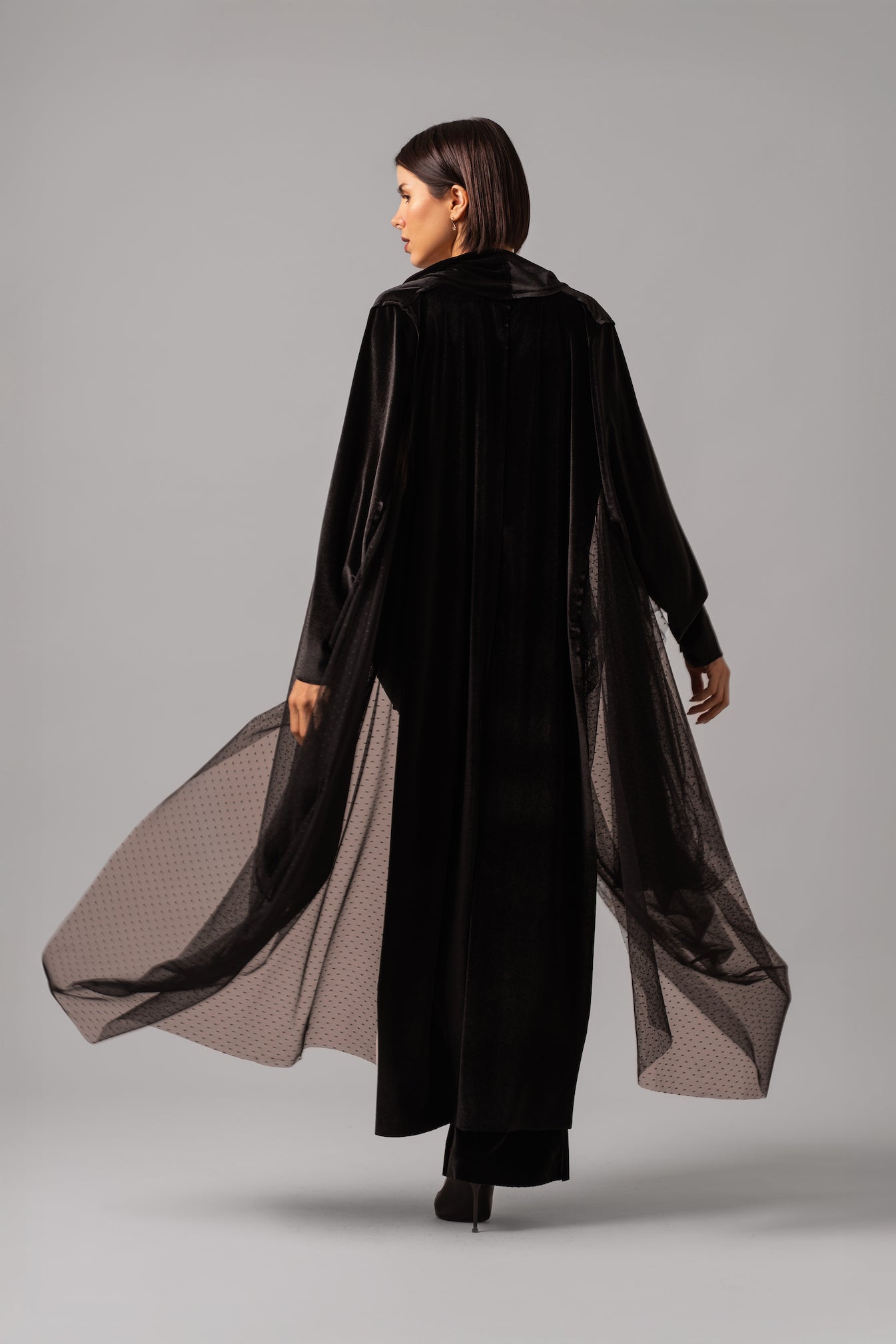 Slim Fit Flare Velvet Set With Mesh Dress Cape | Black |