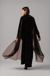 Slim Fit Flare Velvet Set With Mesh Dress Cape | Black |
