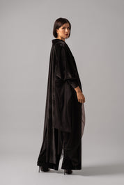 Slim Fit Flare Velvet Set With Mesh Dress Cape | Black |