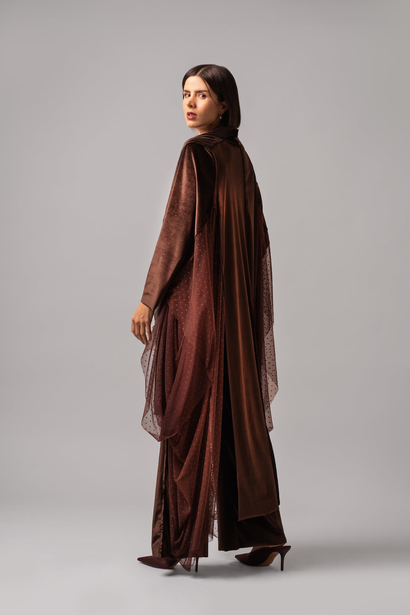 Slim Fit Flare Velvet Set With Mesh Dress Cape | Brown |