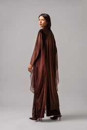 Slim Fit Flare Velvet Set With Mesh Dress Cape | Brown |