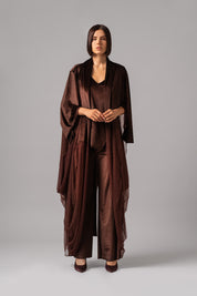 Slim Fit Flare Velvet Set With Mesh Dress Cape | Brown |