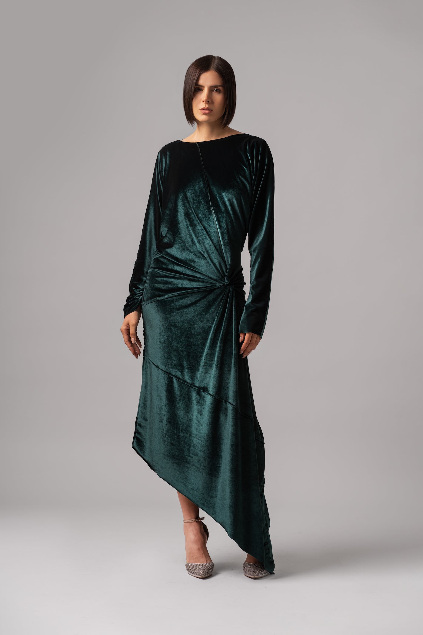 Long Sleeve Knot Velvet Dress | Green |