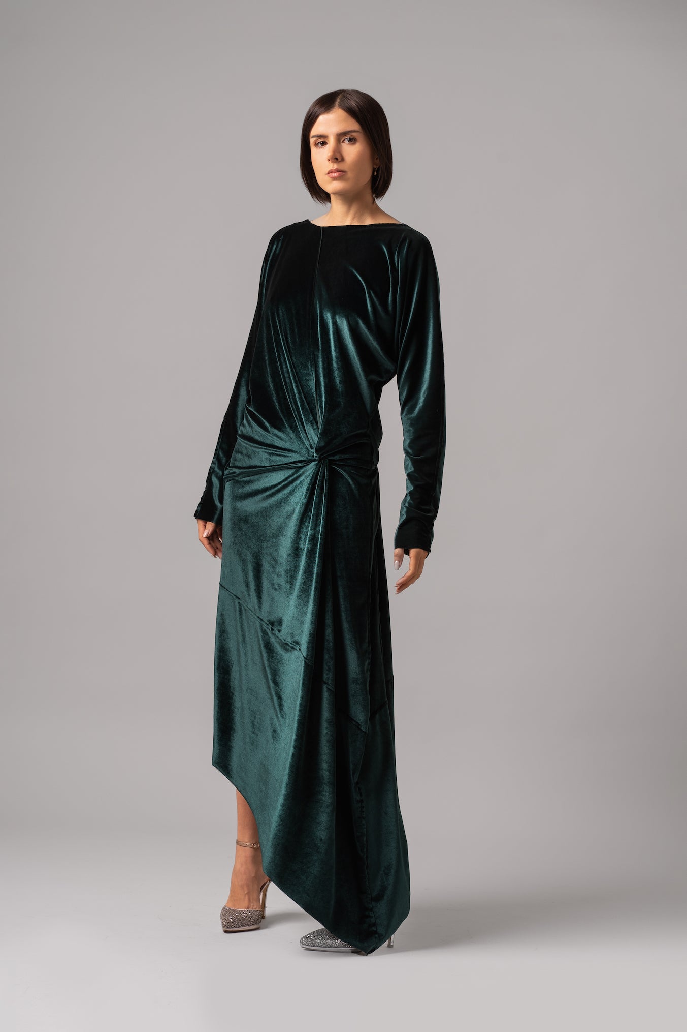 Long Sleeve Knot Velvet Dress | Green |