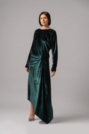 Long Sleeve Knot Velvet Dress | Green |