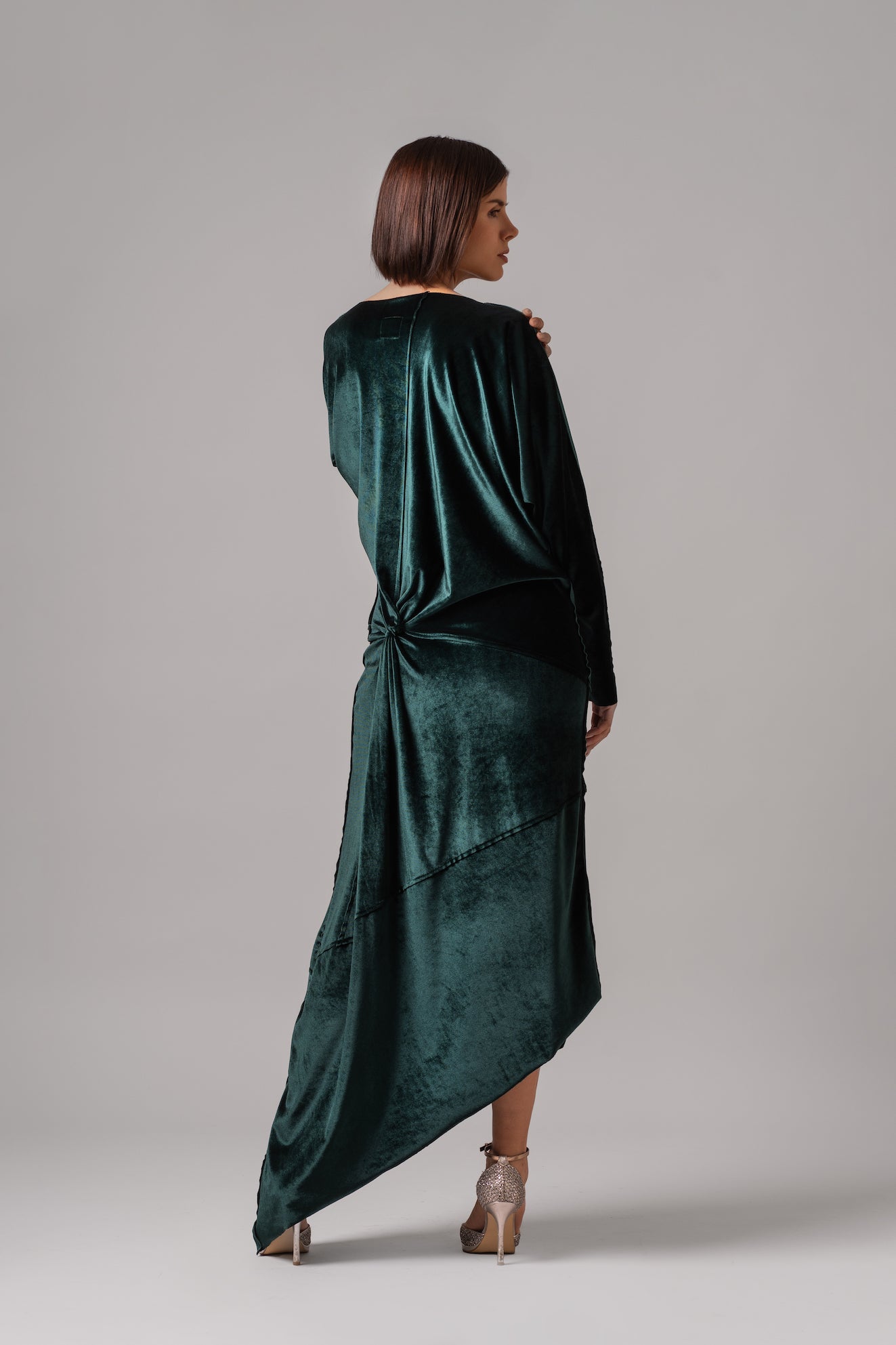 Long Sleeve Knot Velvet Dress | Green |