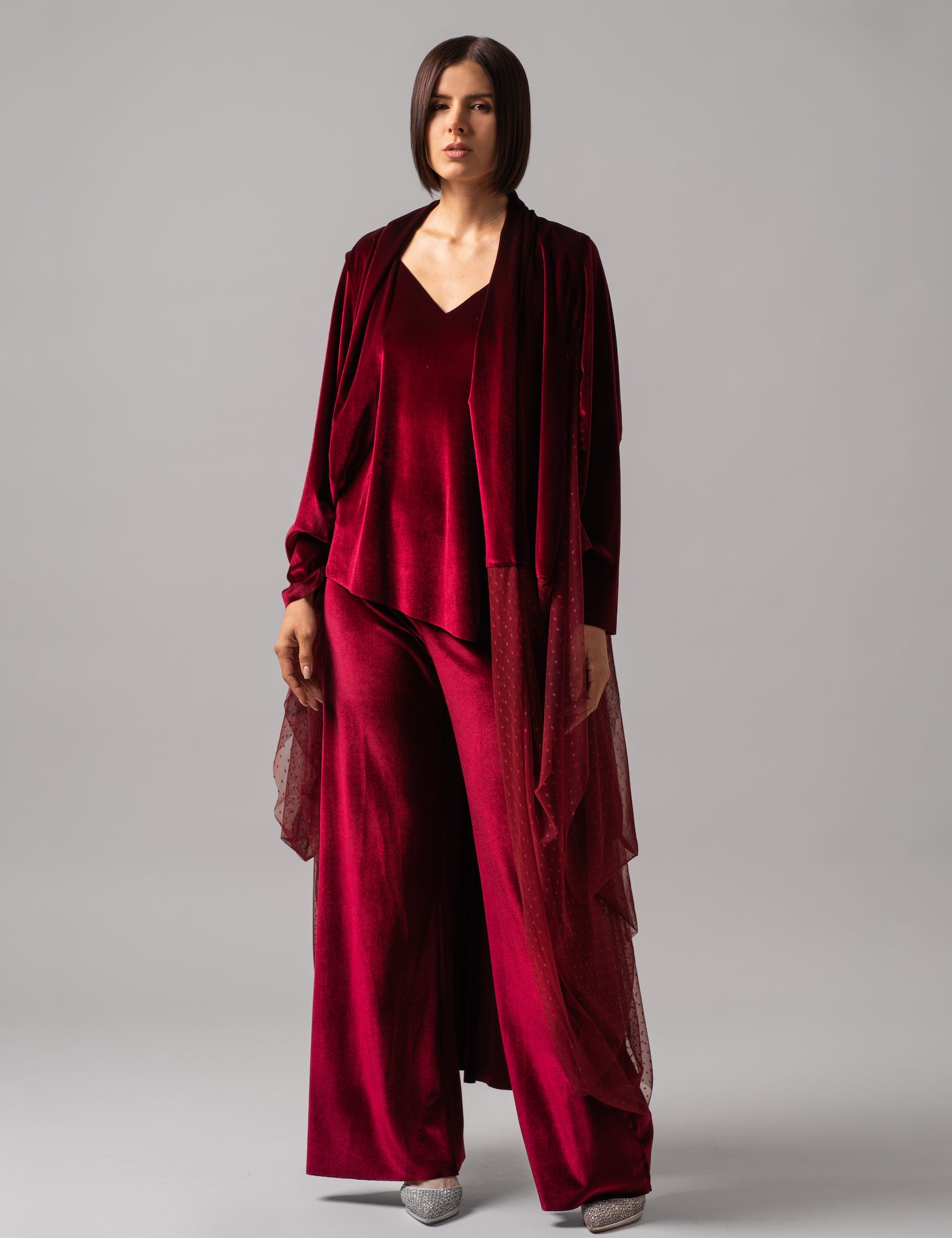 Slim Fit Flare Velvet Set With Mesh Dress Cape | Burgundy | Mala Effortless Wear Slim Fit Flare Velvet Set With Mesh Dress Cape | Burgundy | Mala Effortless Wear