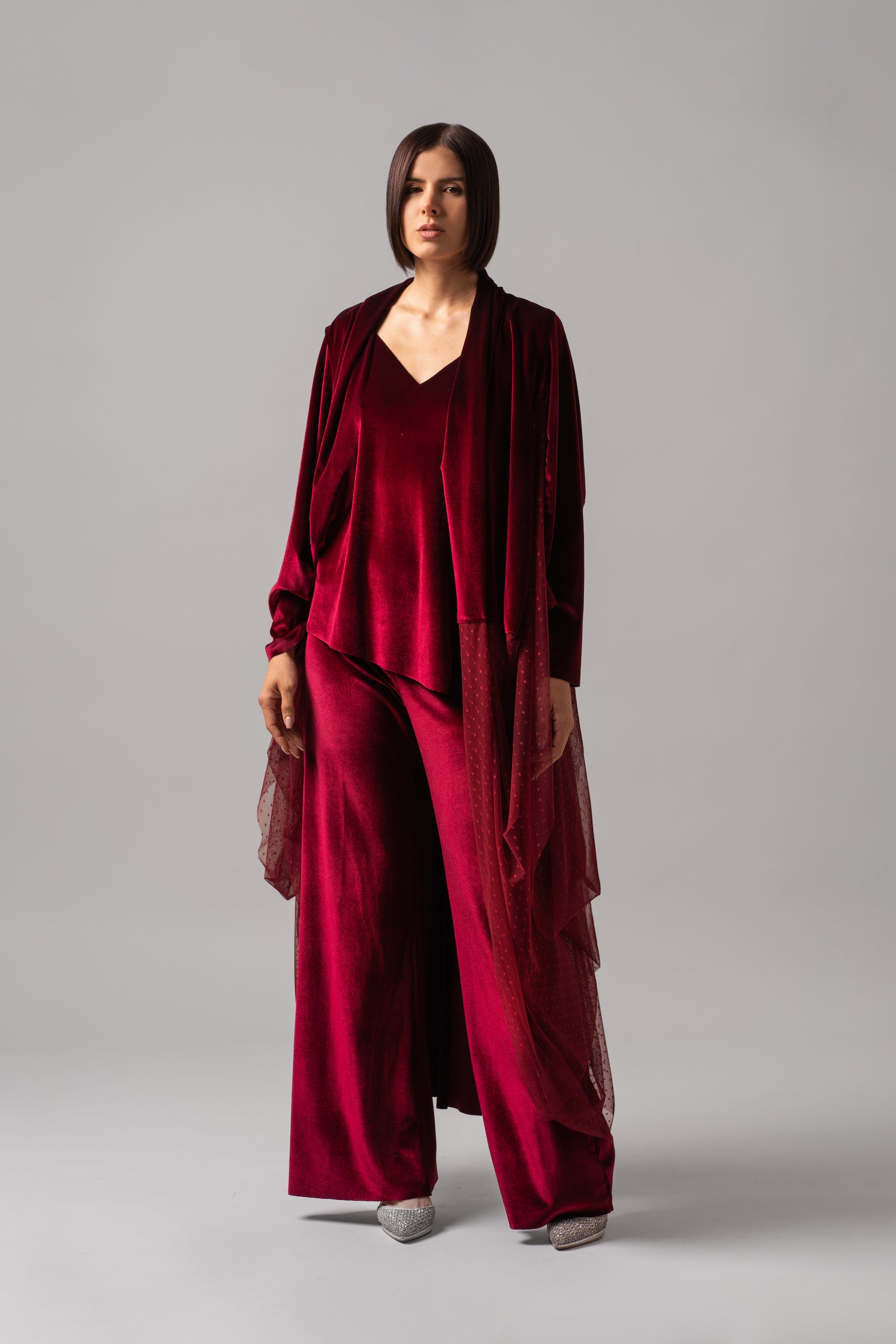 Slim Fit Flare Velvet Set With Mesh Dress Cape | Burgundy |