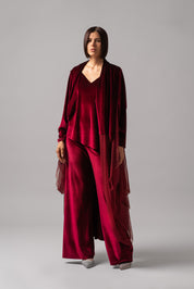 Slim Fit Flare Velvet Set With Mesh Dress Cape | Burgundy |