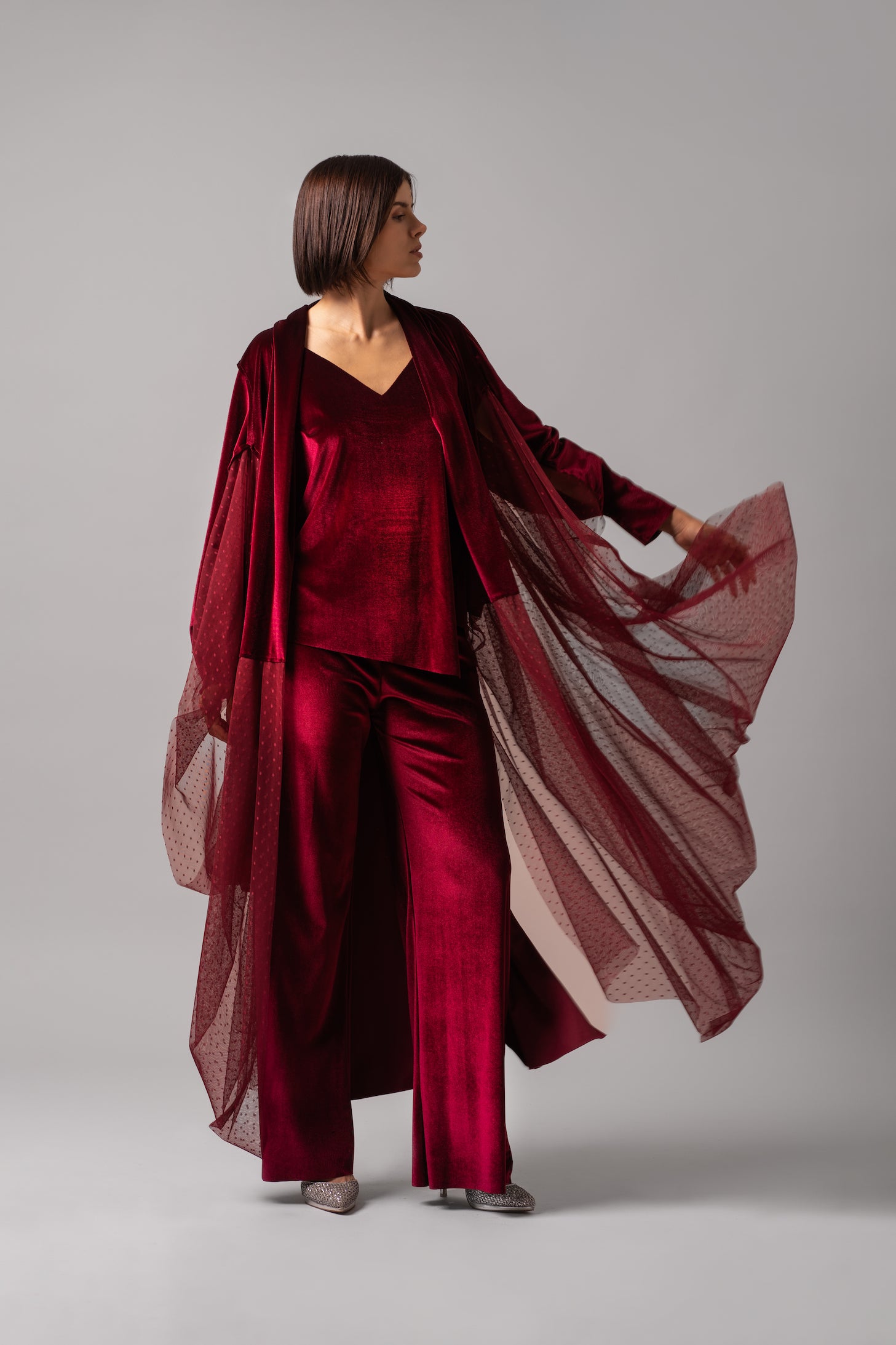 Slim Fit Flare Velvet Set With Mesh Dress Cape | Burgundy |