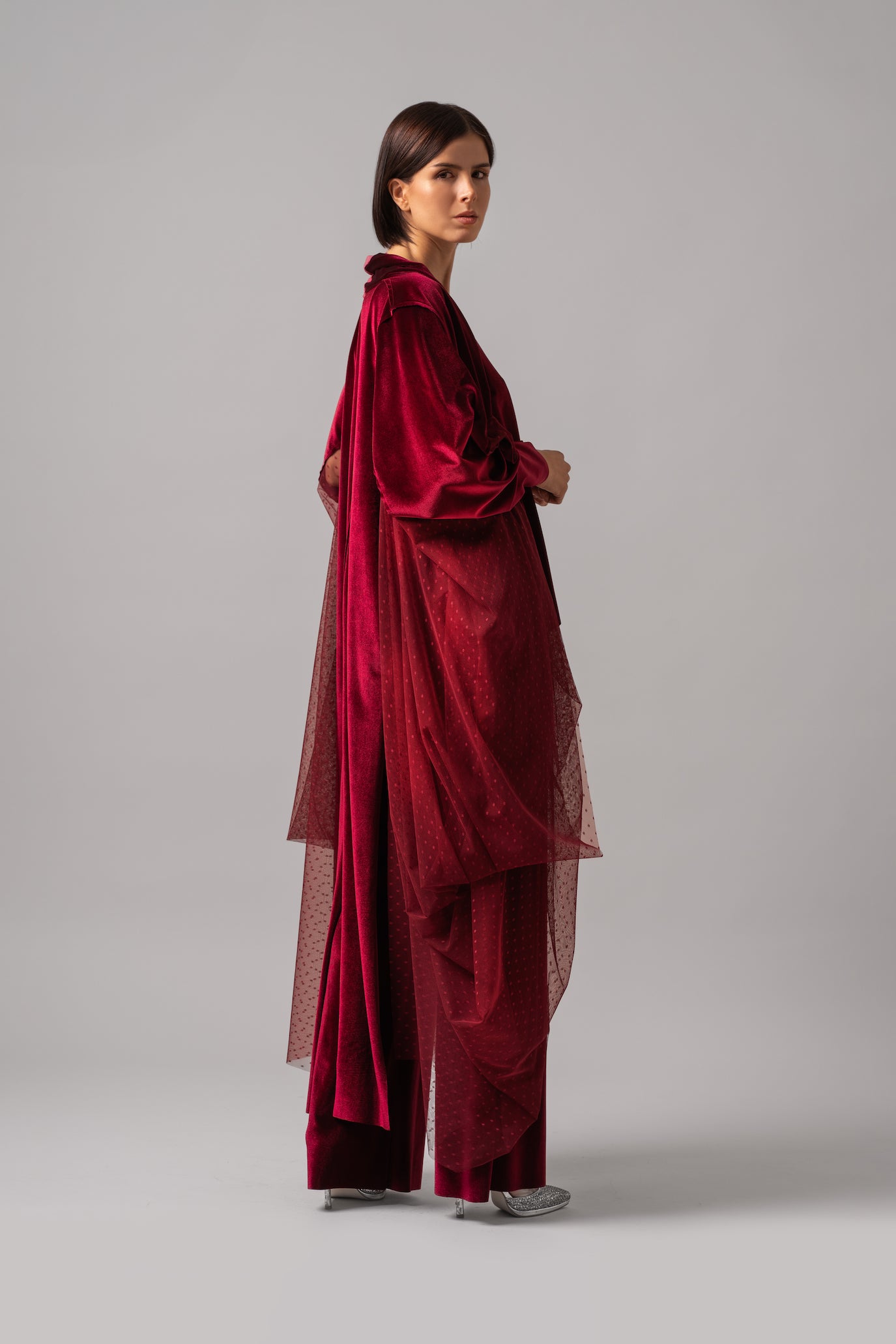 Slim Fit Flare Velvet Set With Mesh Dress Cape | Burgundy |
