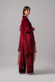 Slim Fit Flare Velvet Set With Mesh Dress Cape | Burgundy |