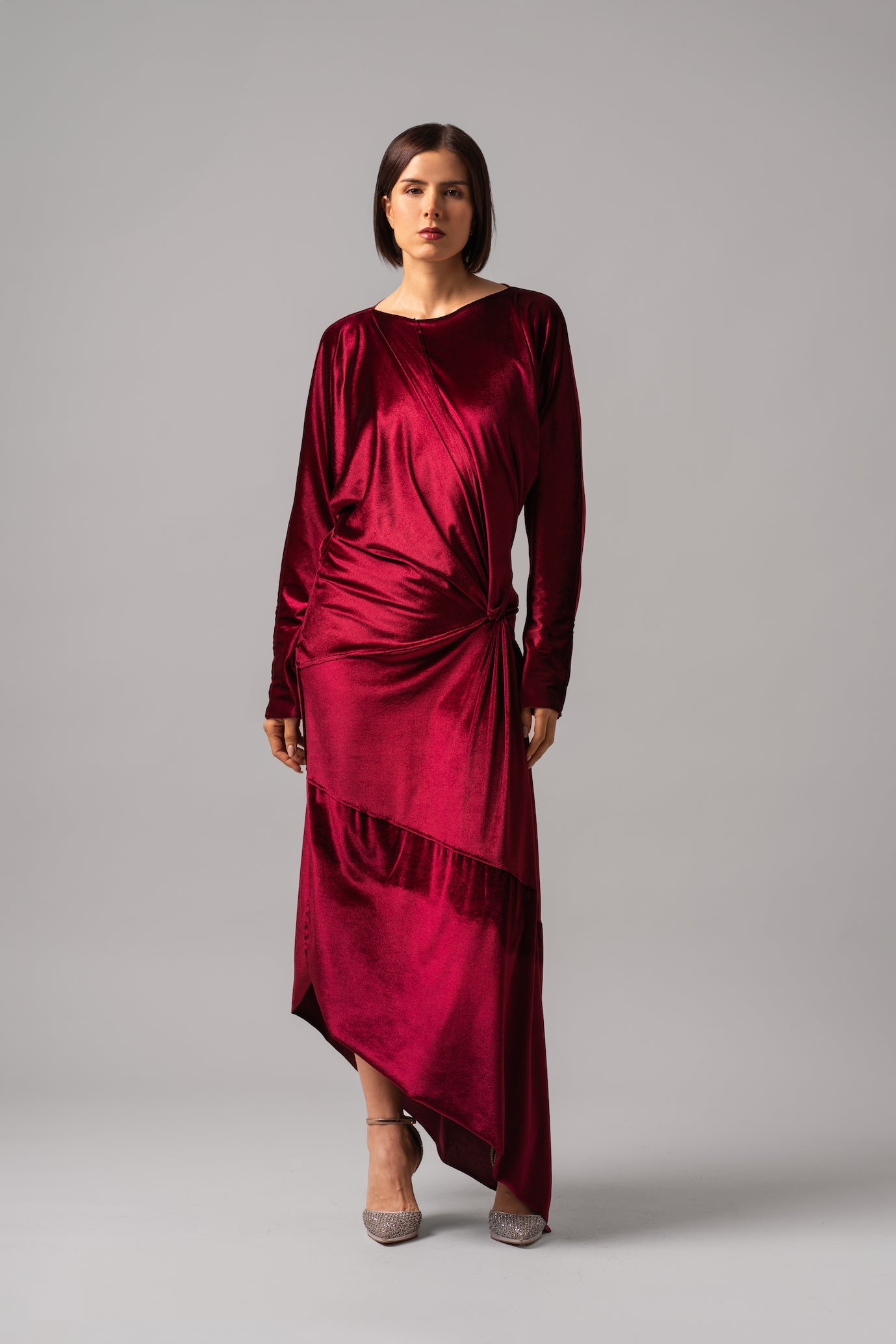 Long Sleeve Knot Velvet Dress | Fusia |