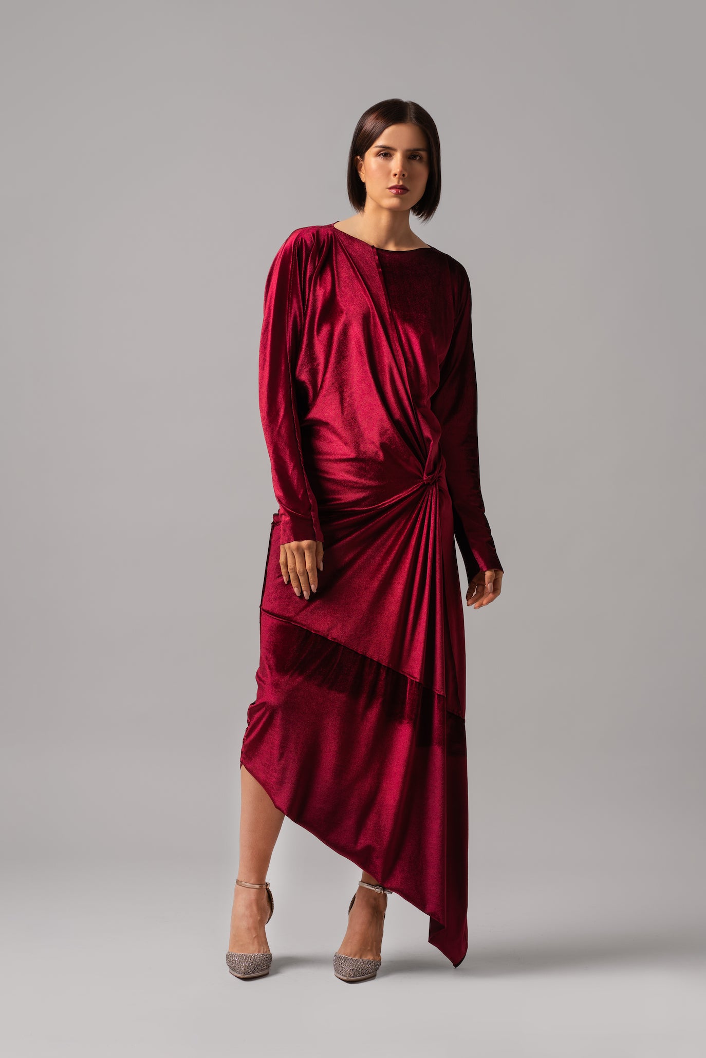 Long Sleeve Knot Velvet Dress | Fusia |