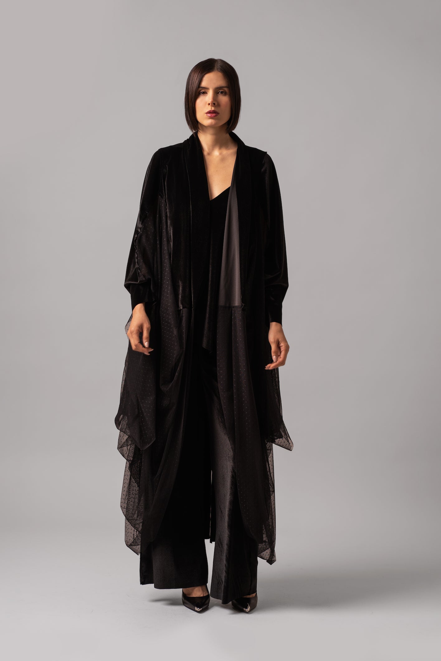 Slim Fit Flare Velvet Set With Mesh Dress Cape | Black |