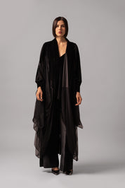 Slim Fit Flare Velvet Set With Mesh Dress Cape | Black |