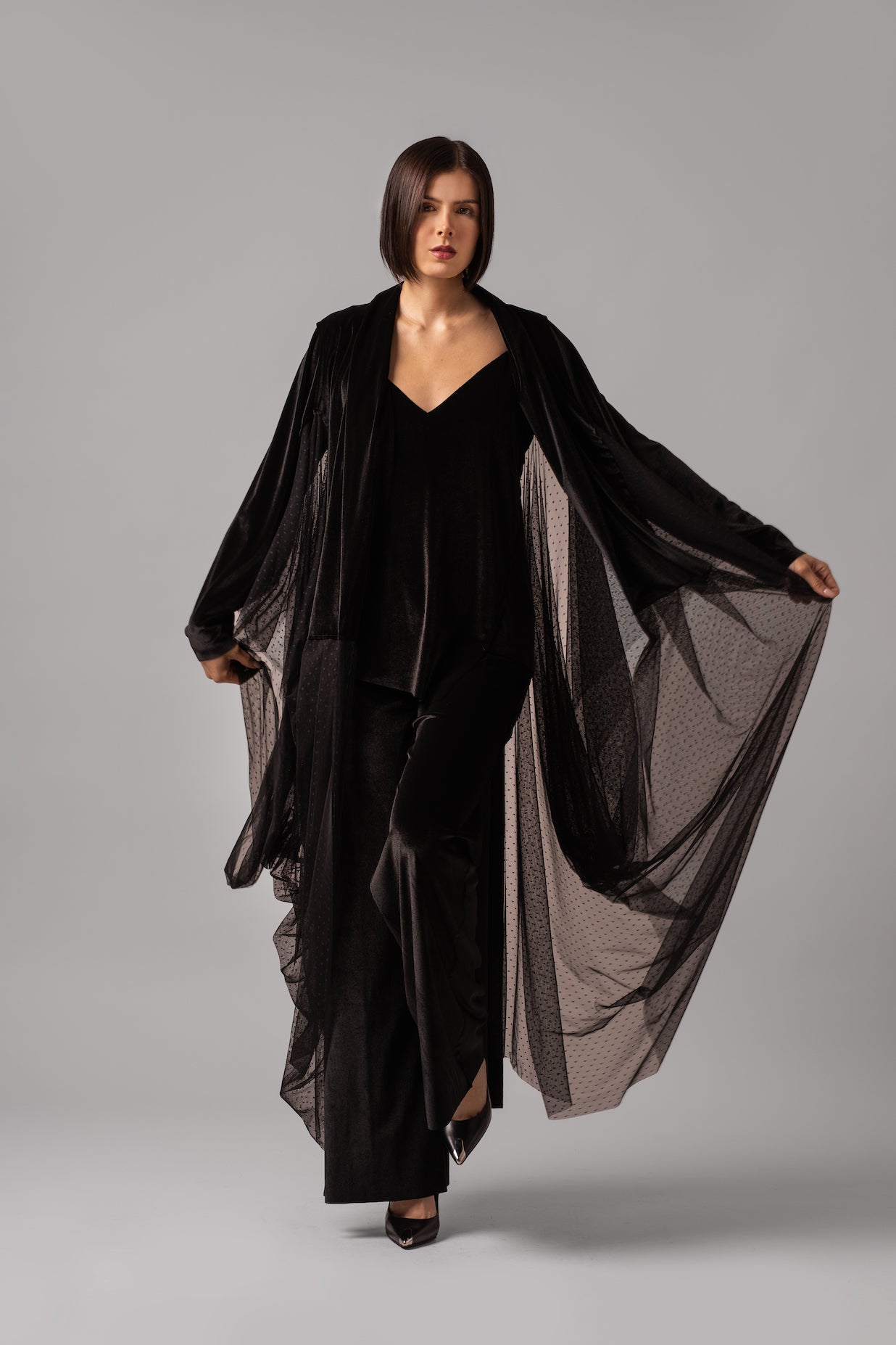 Slim Fit Flare Velvet Set With Mesh Dress Cape | Black |