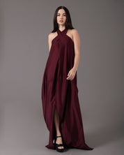 Crossover halter gown with asymmetric seams  | vino brilloso |