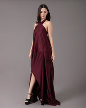 Crossover halter gown with asymmetric seams  | vino brilloso |