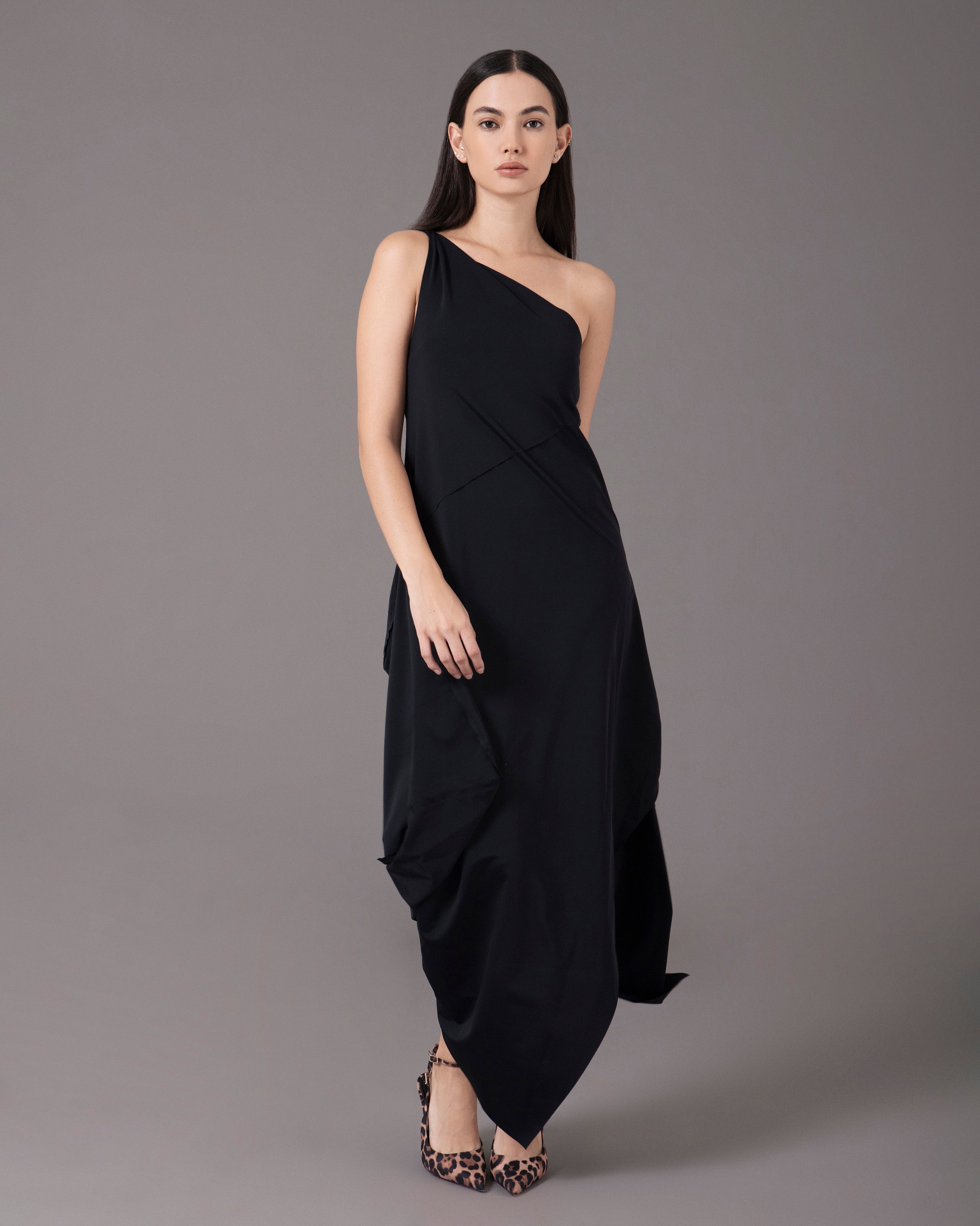 black one shoulder asymmetric dress Satin Draped One-Shoulder Asymmetric Dress - Black 10