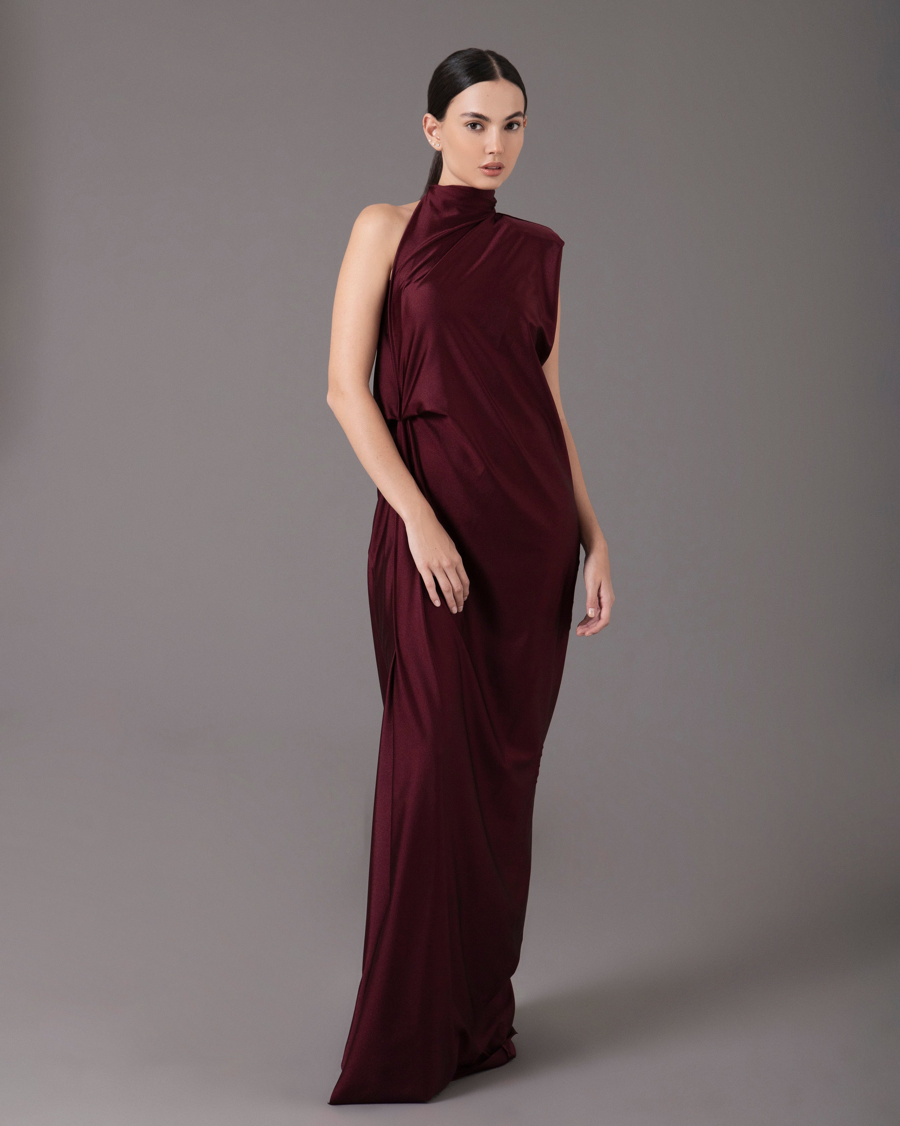 High Neck One Shoulder Pad Gown | Rojo Brillante |