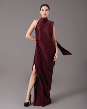 High Neck One Shoulder Pad Gown | Rojo Brillante |