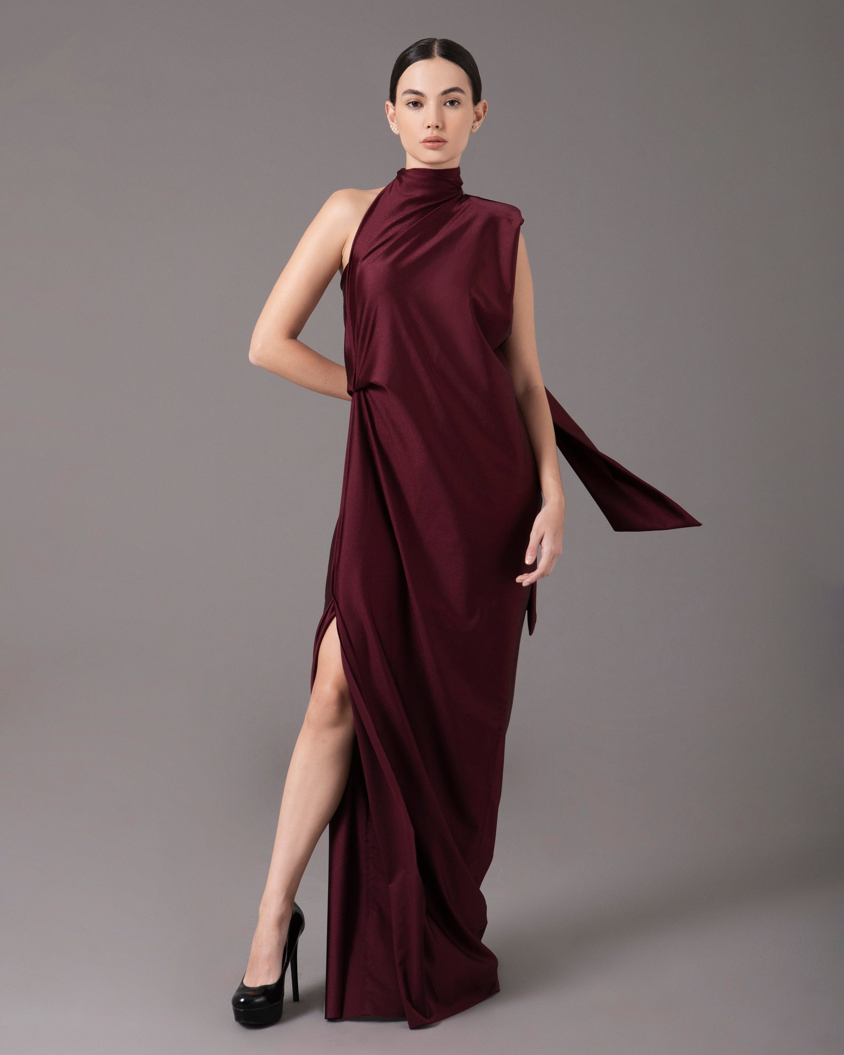 High Neck One Shoulder Pad Gown | Rojo Brillante |