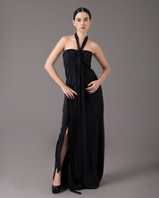 Halter tie gown with assymetric straps | Negro |