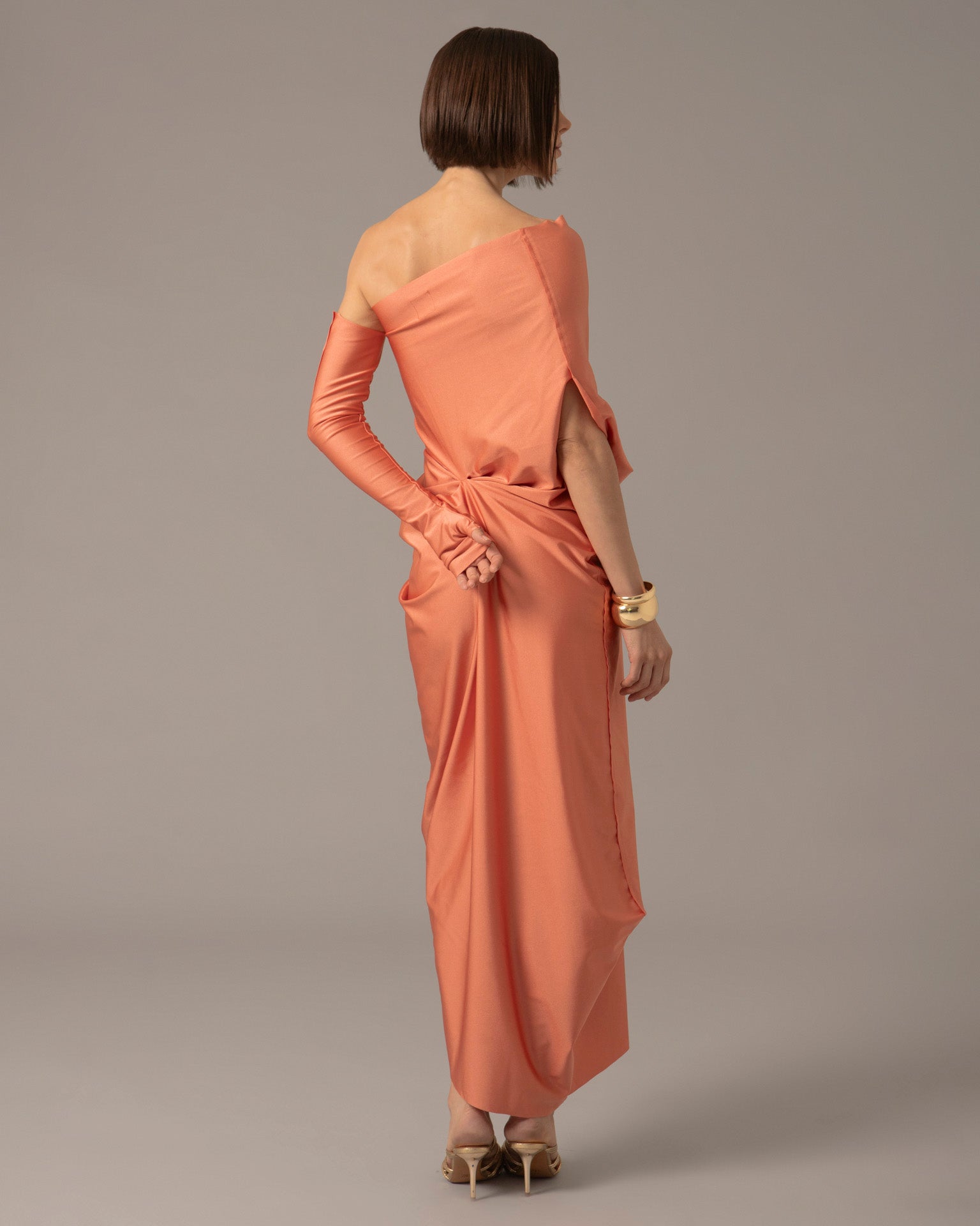 One Shoulder Relaxed Maxi Dress with Gloves | Naranja Coral |