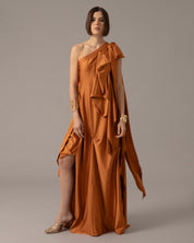 One shoulder loose asymmetric maxi dress | Ocre Metalico |