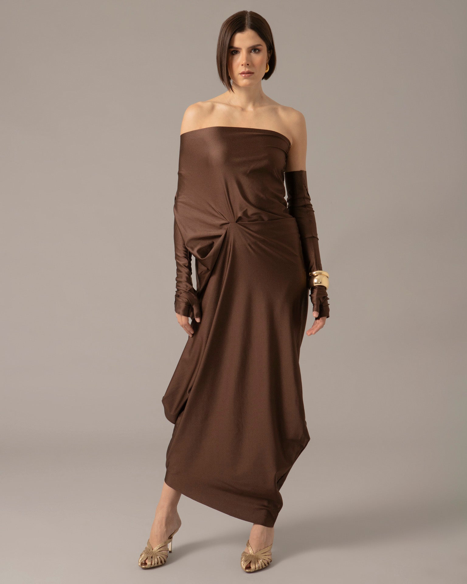 One Shoulder Relaxed Maxi Dress with Gloves | Cafe Metalico |