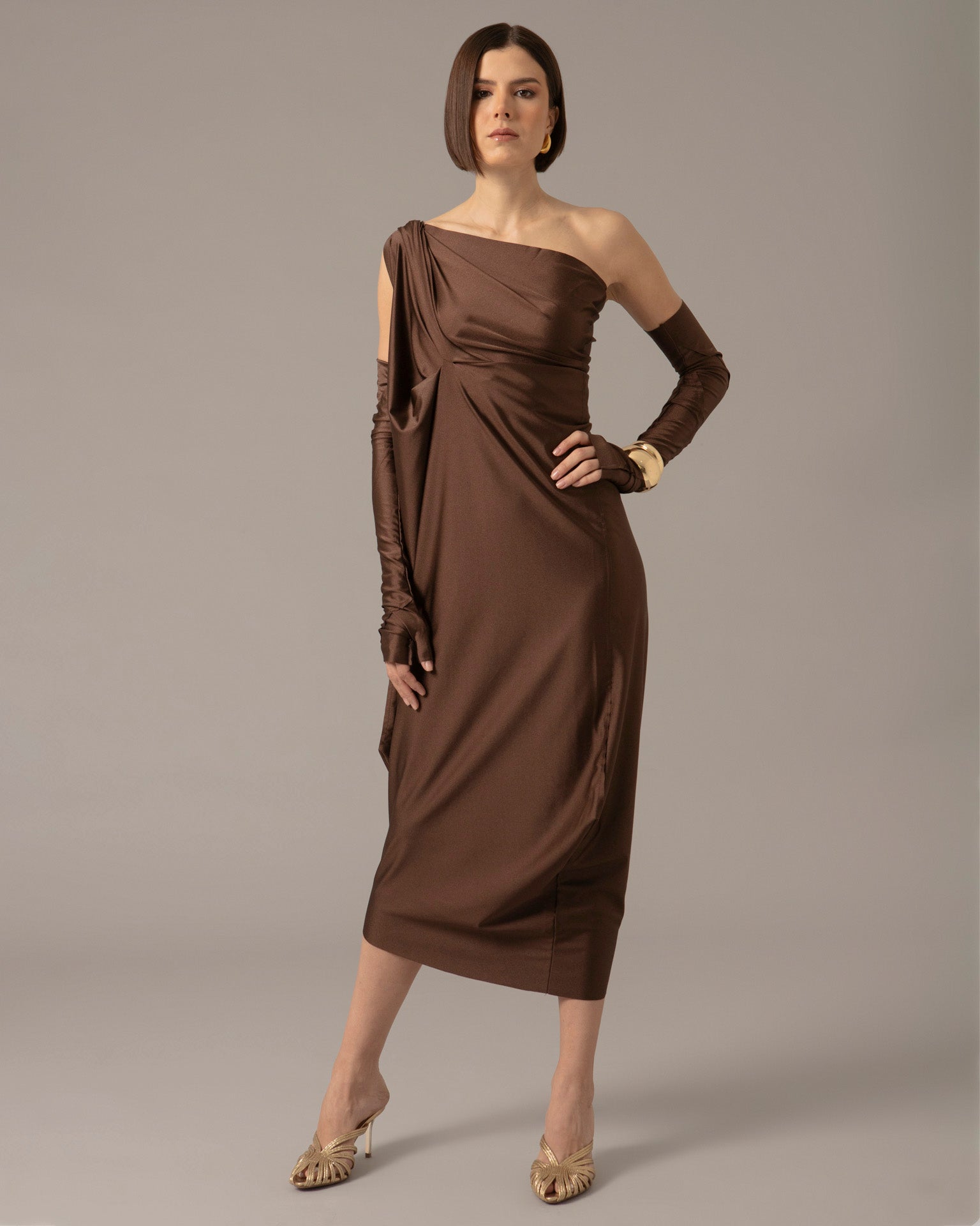 One Shoulder Relaxed Maxi Dress with Gloves | Cafe Metalico |