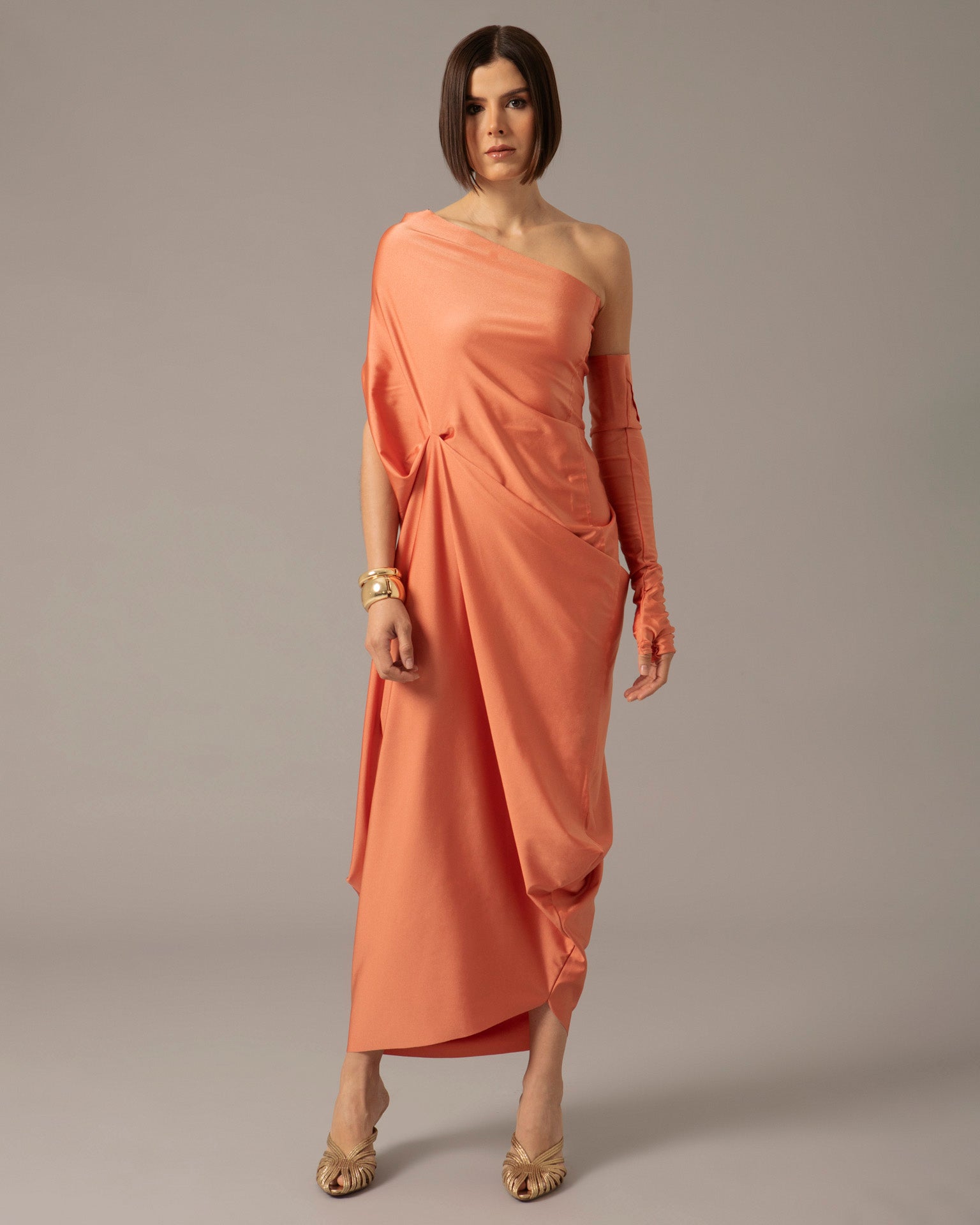 One Shoulder Relaxed Maxi Dress with Gloves | Naranja Coral |