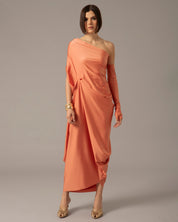 One Shoulder Relaxed Maxi Dress with Gloves | Naranja Coral |