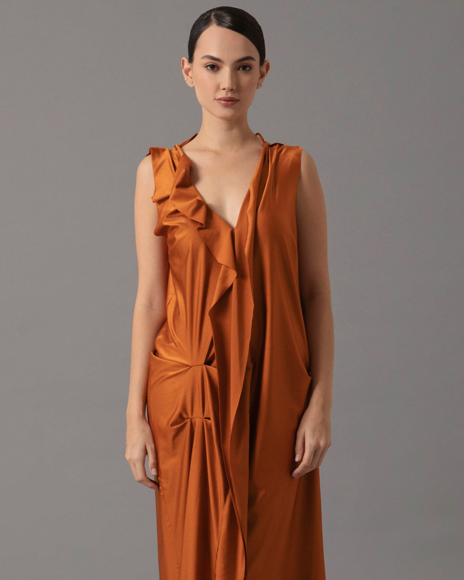 Asymmetric Flounce Midi Dress - Ocre Mala Effortless Wear Asymmetric Flounce Midi Dress - Ocre Mala Effortless Wear