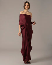 One Shoulder Relaxed Maxi Dress with Gloves | Rojo vino |